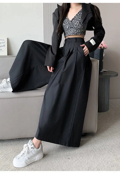 Oversize Wide Leg Pants For Women Gathered Waist Spliced Ruched Casual Solid Long Trousers Female Clothing Summer