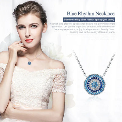 BISAER 925 Sterling Silver Round Blue Zircon Necklace Plated Platinum For Women Lucky Pendant Luxury Necklaces Fine Jewelry Gift