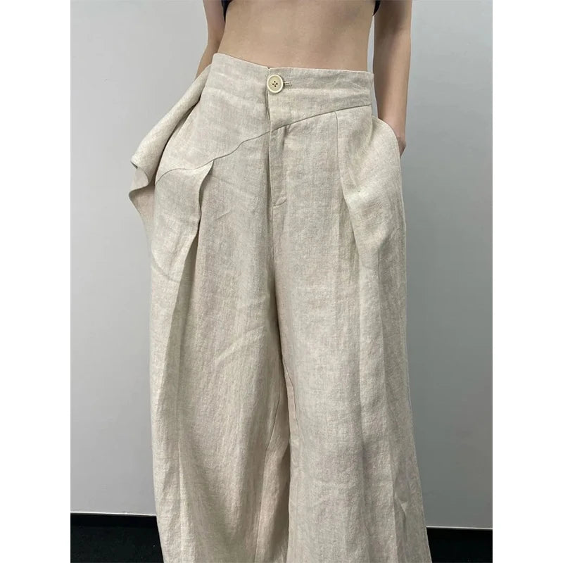 Streetwear Wide Leg Pants Women Fashion Pleated Linen Baggy Pants Summer Korean High Waist Casual Design Straight Trousers New