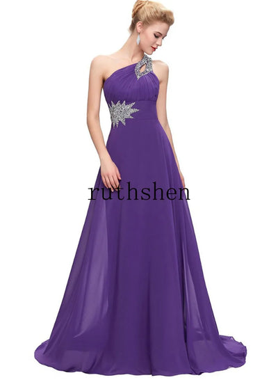 Women Wedding Party Evening Dresses Beaded Chiffon Long One Shoulder Pleat Formal Prom Gowns Vestidos De Fiesta Customized