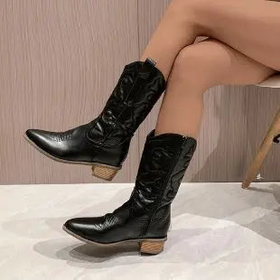Women's Boots Fashion Pointed Toe Leather Boots Retro Embroidery Western Cowboy Boots for Women Thick Soled Mid-calf Boot Botas