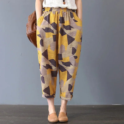 Casual Wide Leg Pants Women Summer Harem Pants for Women Retro Fashion Print Loose Cotton Linen Pants Printed Ankle-Length Pants