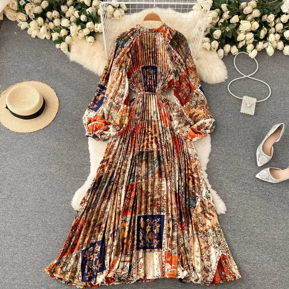 Retro Print Elegant Pleated Lace-up Chiffon Long Sleeve Dress A-line Blouse French Casual V-neck High Waist Women Summer Dresses
