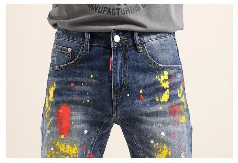Men Fashion Denim Shorts Jeans New Summer Male Blue Ripped Jeans Shorts High Quality Man Paint Splash Technology Denim Shorts