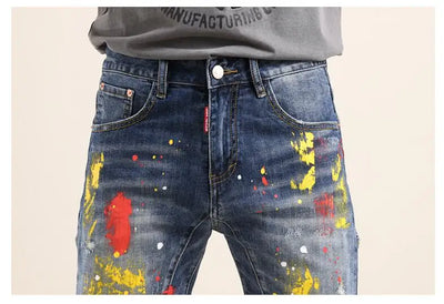 Men Fashion Denim Shorts Jeans New Summer Male Blue Ripped Jeans Shorts High Quality Man Paint Splash Technology Denim Shorts