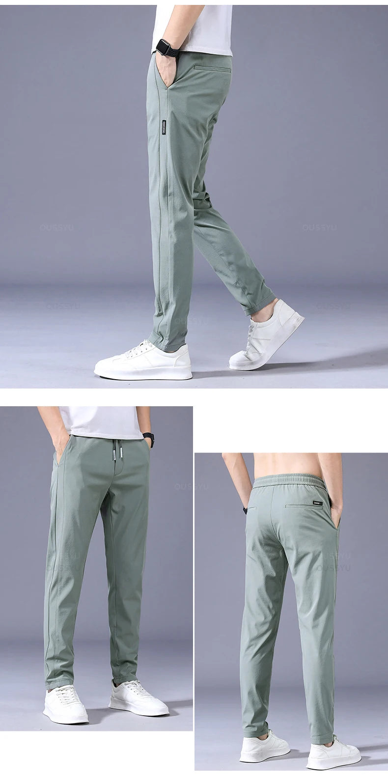 2025 Men's Trousers Spring Summer New Thin Green Solid Color Fashion Pocket Applique Full Length Casual Work Pants Pantalon