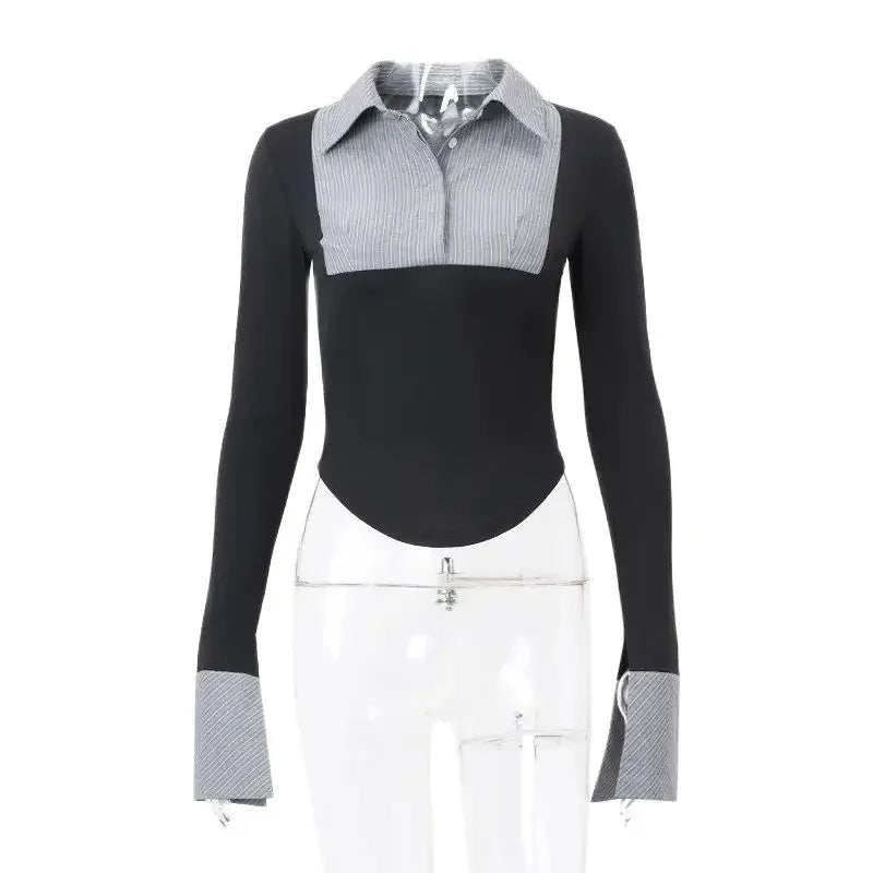 New Women Striped POLO Collar Retro Sexy Spicy Girl Long Sleeved Top Female Clothes 2024 Summer Women's Fashion Skinny T-shirt