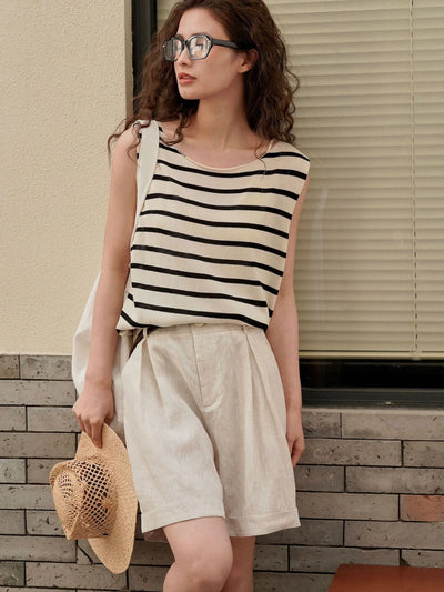 Summer Korea Style Lazy Linen Curled Bermuda Shorts Wide Leg Loose Slim Casual Hot Pants For Women