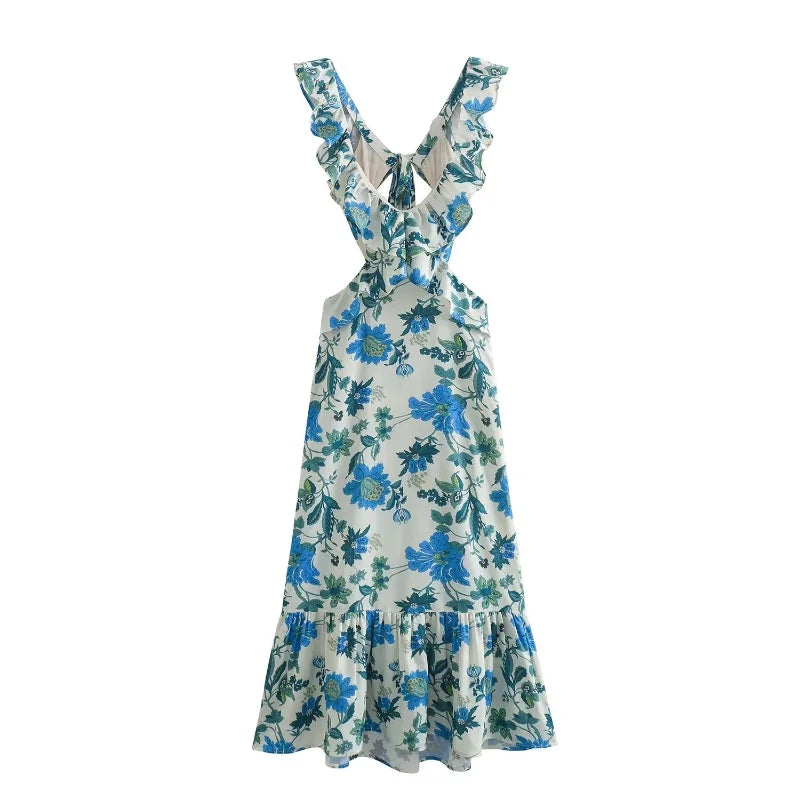 Slip Dress 2024 Summer Sleeveless Beach Style Ruffled Printing Vacation Fashion Women Casual Long Dress