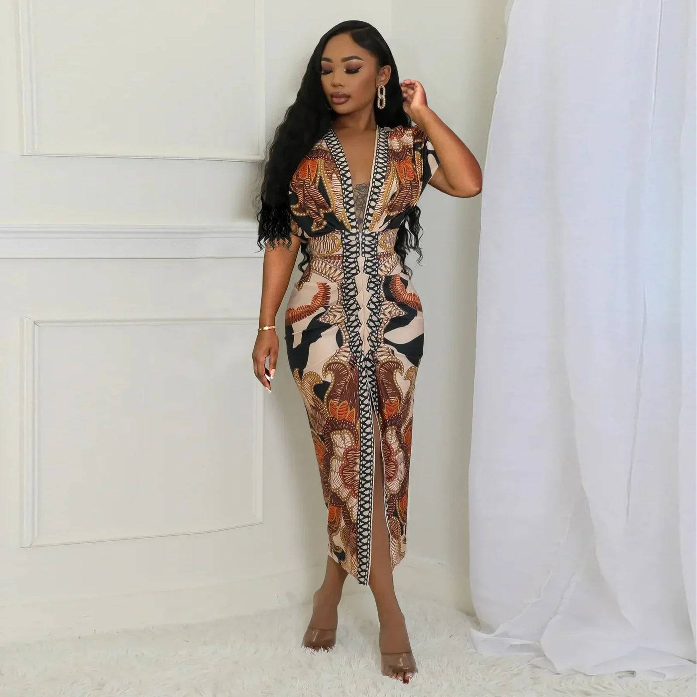 Fashionable Short Sleeve V-Neck Printed Slim Fit African Style Women's Dress K10822 Cross-Border Elegant Chic Dress