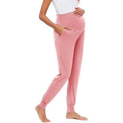 Spring Maternity Women's Casual Pants Premama Solid High Waist Strechy Lounge Trousers For Pregnant Women Joggers With Pockets