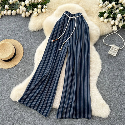 Pant Women Wide Leg Long Pants Striped Casual Loose High Waist Straight Trousers Y2k Streetwear Elegant Splice Work 2025 Capris