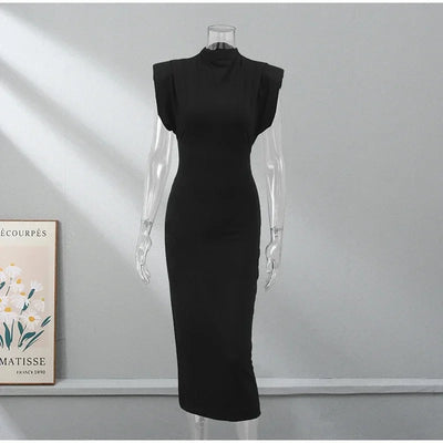 ZBZA Women's Slim Party Dresses Round Neck Sleeveless Shoulder-padded Bodycon High Waist Midi Dress Spring New Female Chic Dress