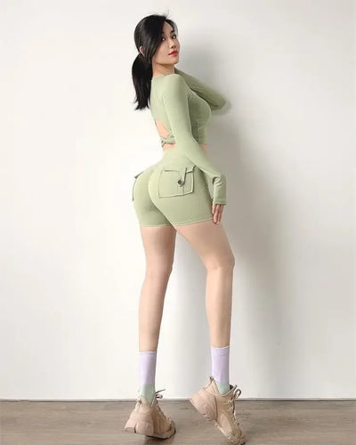 Shorts Women Solid Yoga Pants Pocket Button Short Pant Slim Fit Trousers Wrap Hip Splice Sporty High Waist Lady Summer
