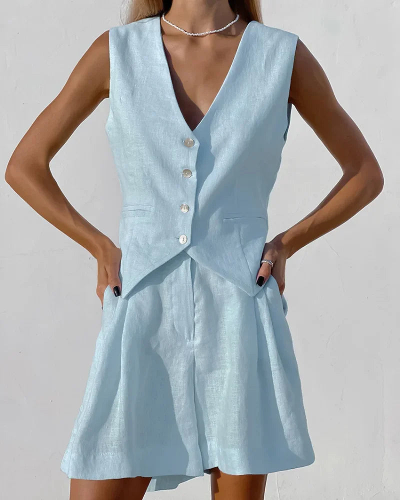 New Cotton Linen Vest Short Sets Casual Sleeveless Undershirt Shorts Sets for Women 2 Pieces Outfit Office Lady White Pant Sets