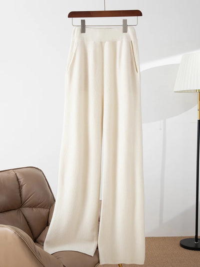 100% merino wool women's knitted trousers, fashionable, warm, drawstring, pockets, wide-leg pants, new autumn and winter 2024