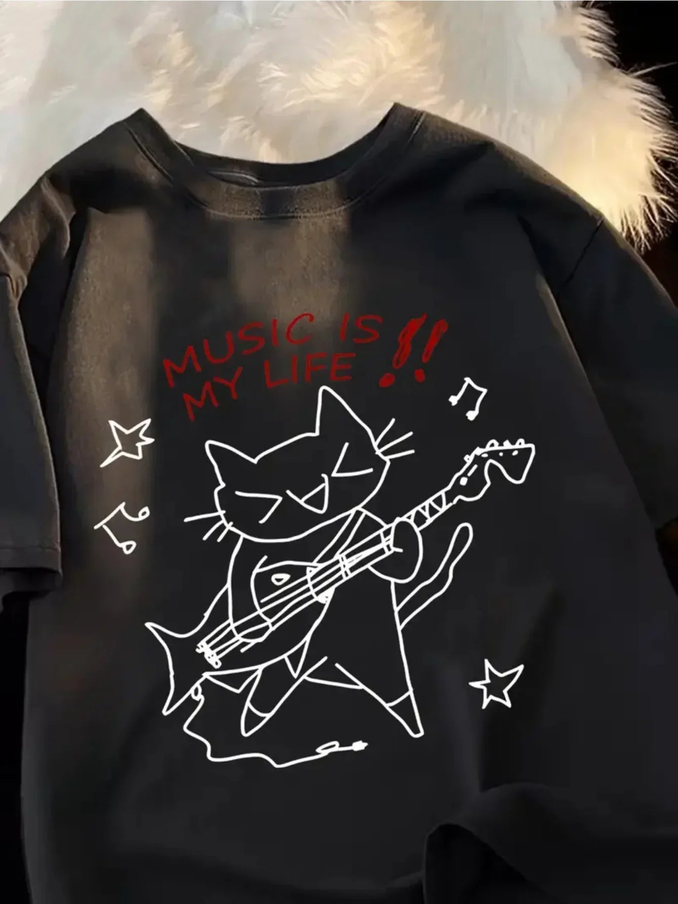 Music Is My Life "cat Pattern T-shirt Breathable Moisture Absorbing Comfortable Street Round Neck Women's T-shirt Cute