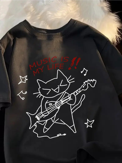 Music Is My Life "cat Pattern T-shirt Breathable Moisture Absorbing Comfortable Street Round Neck Women's T-shirt Cute