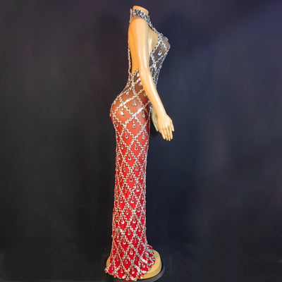 Women Sexy Stage Shining Rhinestone Sequins Dress Evening Prom Birthday Dress Transparent Performance Singer Club Host Dress