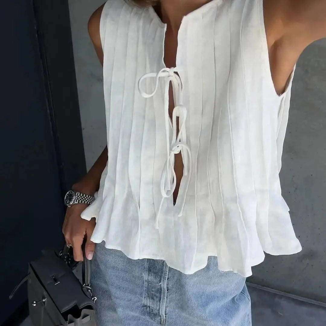 Linen Cotton Pleated Lace-up Elegant White Women Tops Tanks 2025 Summer Women Causal O-neck Sleeveless Ruffles Vest Streetwear