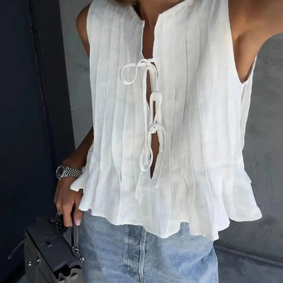 Linen Cotton Pleated Lace-up Elegant White Women Tops Tanks 2025 Summer Women Causal O-neck Sleeveless Ruffles Vest Streetwear