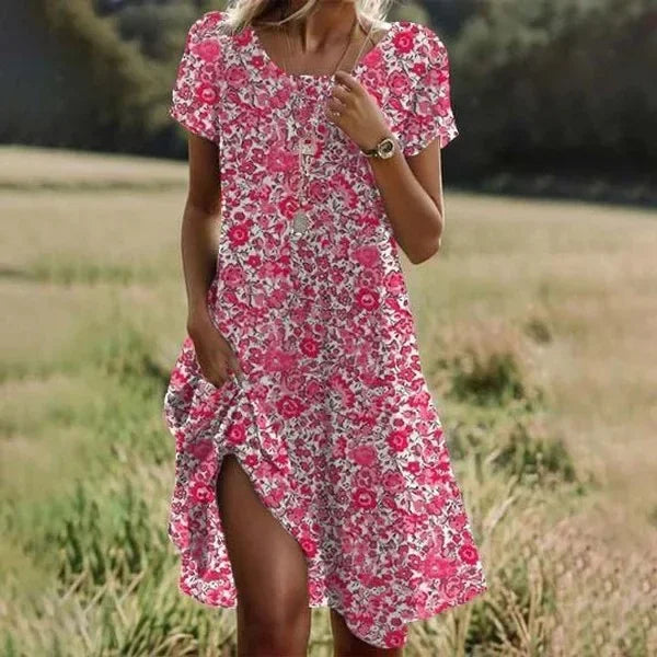 Bohemian Dresses For Women New V Neck Short Sleeve Flower Printed Beach Holiday Dress Women Midi Dresses Swing Sundress