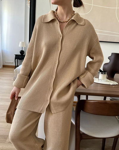2025 Autumn Street Outfits Knitted Cardigan Pants Sets Women Single Breasted Lapel Sweater High Waist Wide Leg Trousers Suit