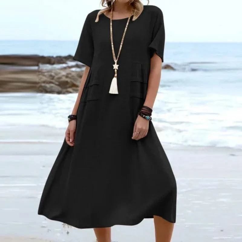 2025 Summer Fashion New Women's Elegant Long Cotton and Hemp Dress Round Neck Vacation Short Sleeve Medium Long Dress