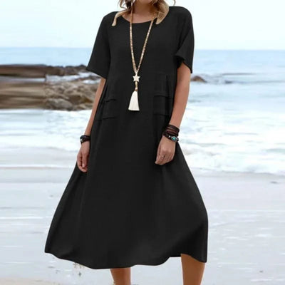 2025 Summer Fashion New Women's Elegant Long Cotton and Hemp Dress Round Neck Vacation Short Sleeve Medium Long Dress