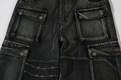 Trendy Brand American Retro Tooling Jeans Mens High Street Heavy Industry Embroidery Loose Wide-leg Trousers