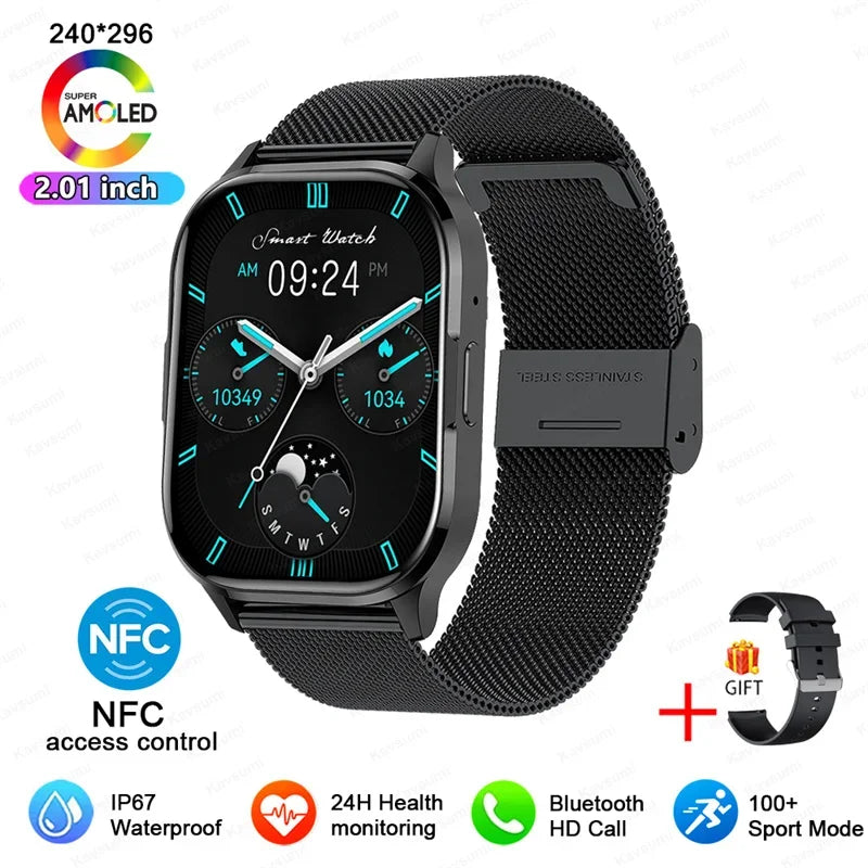 Women Smartwatch 2.01inch AMOLED Screen Bluetooth Call  NFC Sport Watch Blood Pressure Music Women Smart Watch for Huawei Xiaomi