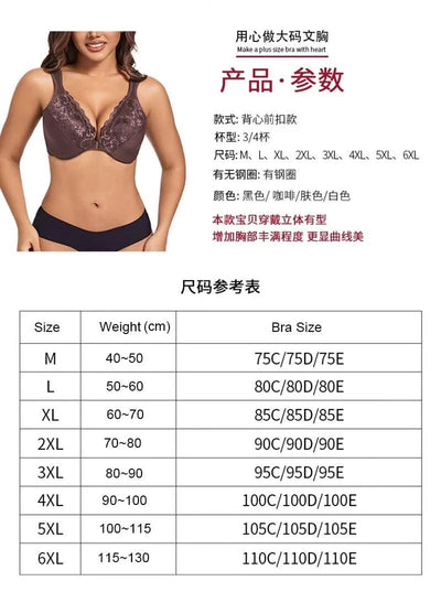 Front Closure Minimizer Bra for Womens Lace Floral Unlined Support Mesh Underwire Female Plunge Lingerie M L XL 3XL 4XL 5XL