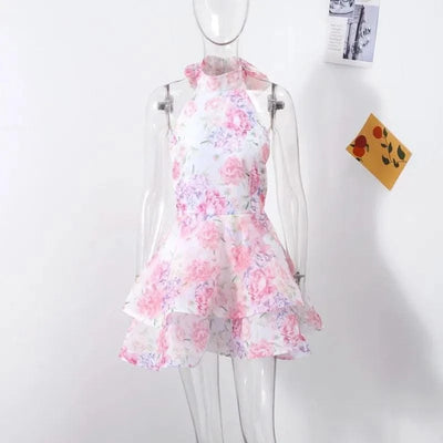 Elegant Floral Short Dress Summer Holiday Outfits Women Layered Party Dresses Sexy Halter Bow Lace-up Ruffled Hem Puffy Dress