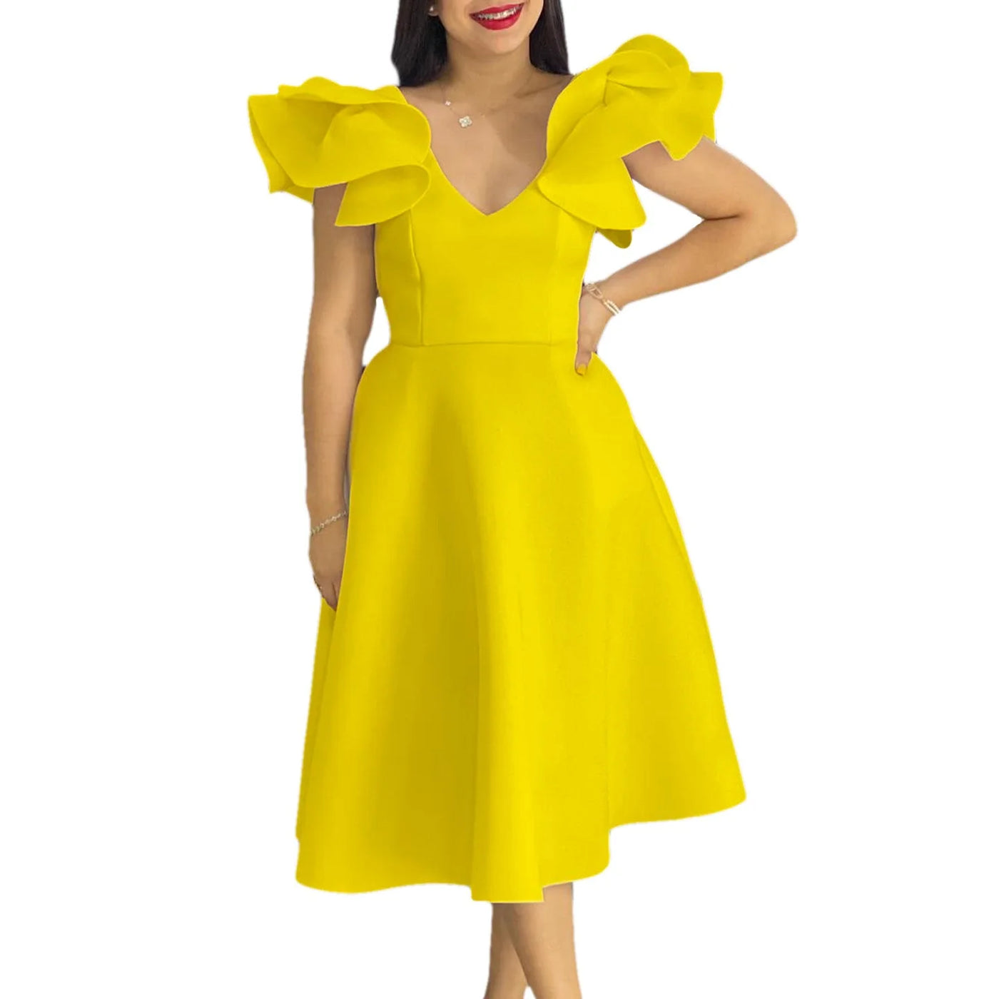 Elegant Party Dresses for Women V Neck Ruffles Sleeve High Waisted A Line Mid Calf Luxury Birthday Dinner Vestidos Mujer Dress