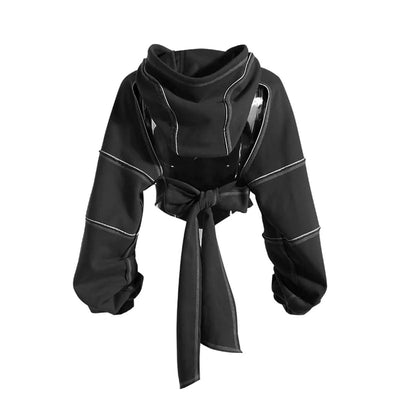Women Hooded Sweatshirt Color Clashing Bright Line Short Top Ladies Fashion Layering Hoodie Long Sleeved tops New