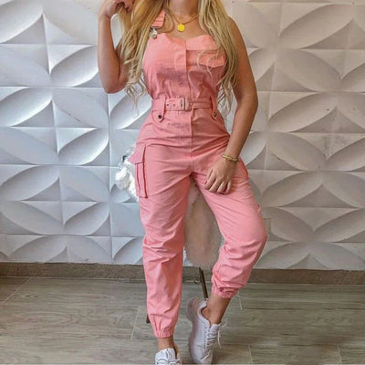 Women's Workwear Jumpsuits Summer Casual Simple Sleeveless Strap High Waist with Belt Fashion Solid Female Bound Feet Jumpsuits