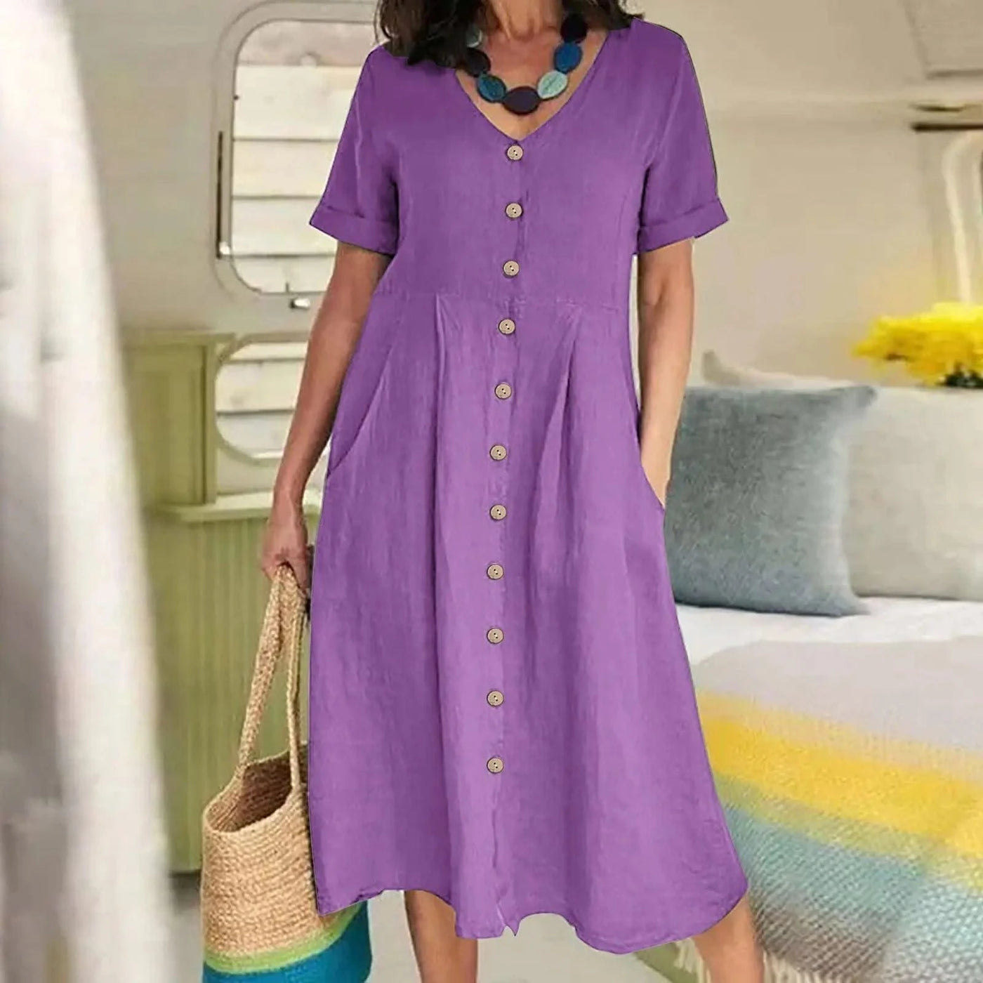 Women's Summer Casual Cotton Linen Midi Dress White  Loose Elegant Green Dresses Vestidos Платье С Декольте Jupe Longue Femme