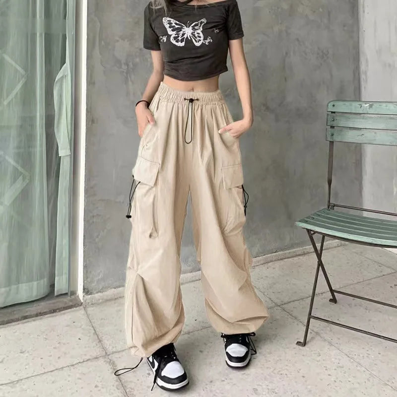2025 Cargo Pants Women Retro Workwear Casual Baggy Straight Trousers Fashion Wide Leg Pockets Joggers Trousers Y2k Streetwear