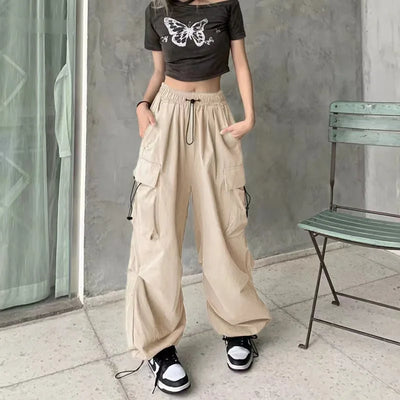 2025 Cargo Pants Women Retro Workwear Casual Baggy Straight Trousers Fashion Wide Leg Pockets Joggers Trousers Y2k Streetwear