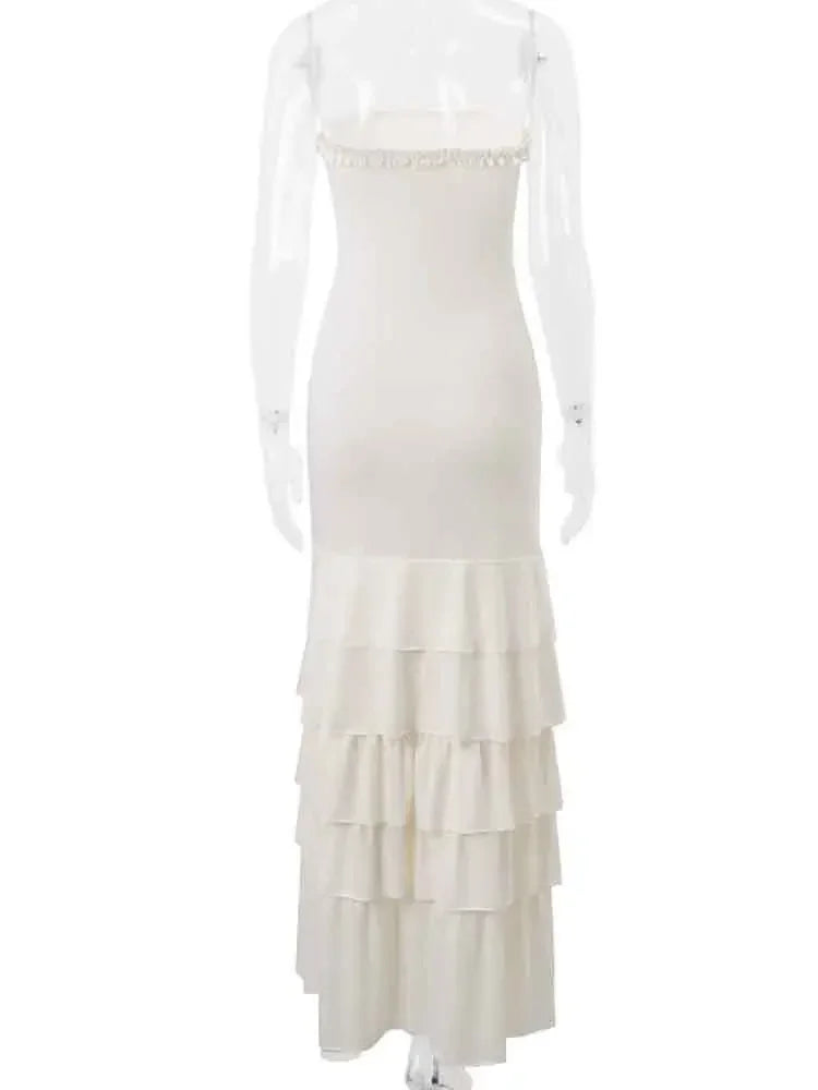 NIDANSSI White Strapless Backless Evening Party Dress Women Ruffle Robes Elegant Sexy Dress Bodycon Long Summer Dress Vestidos