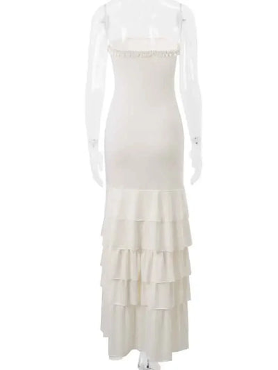 NIDANSSI White Strapless Backless Evening Party Dress Women Ruffle Robes Elegant Sexy Dress Bodycon Long Summer Dress Vestidos