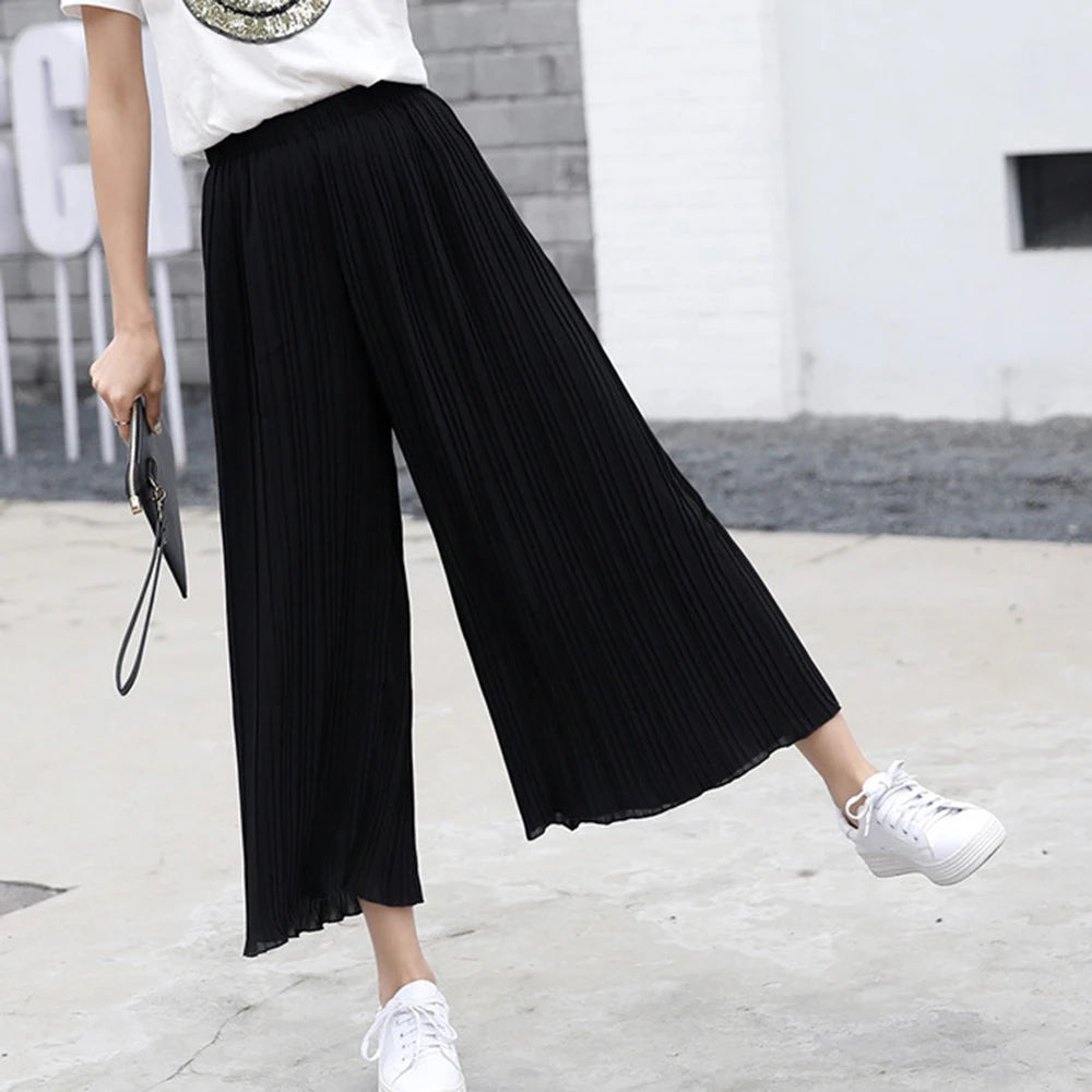 Women's Pants Wide Leg Pants Crinkle Plain Trousers Baggy Elastic Waist Bottoms Woman Clothes pantalones ropa para mujer 바지