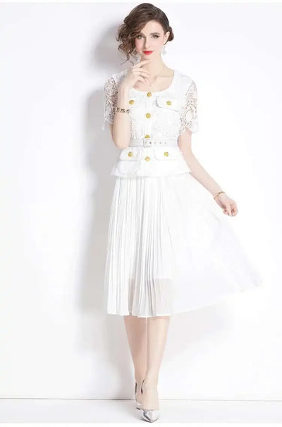Luxury Evening Dress Women Summer Vacation Short Sleeve Pleated Lace Chiffon Long Dresses White Single Breasted Midi Party Robe