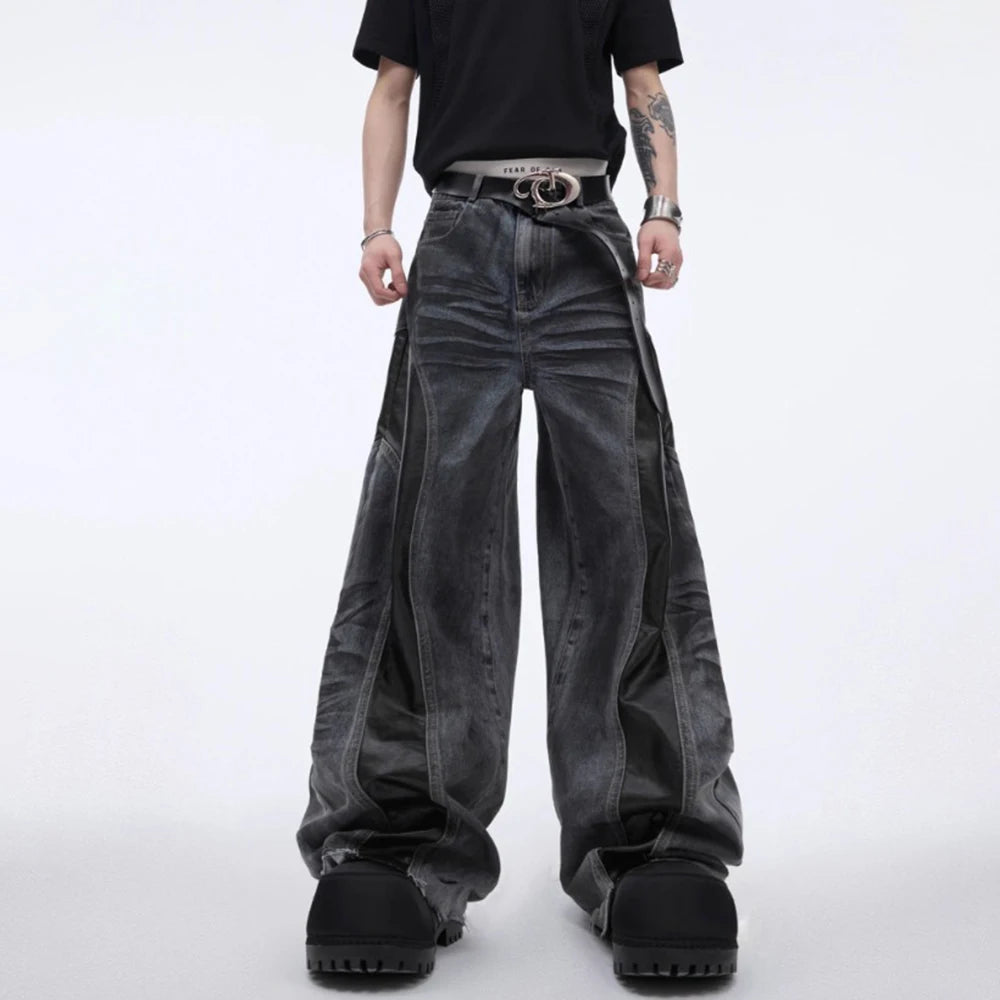 Mens Jeans Pu Leather Stitching Whisker Washed Wilderness Style Casual Pants Streetwear Fashion Personality Trousers Men'S Wear