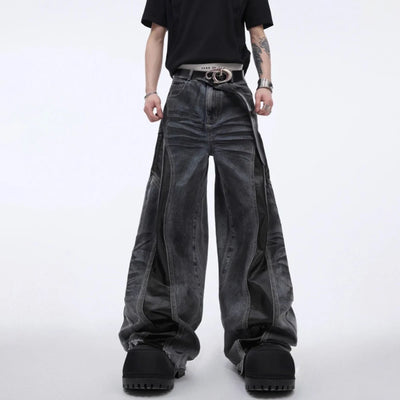 Mens Jeans Pu Leather Stitching Whisker Washed Wilderness Style Casual Pants Streetwear Fashion Personality Trousers Men'S Wear