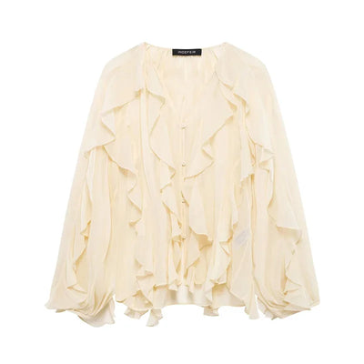 Ruffles Elegant Shirts & Blouses for Women 2025 Long Sleeve Semi-Transparent Tops For Women Spring Shirt And Blouse Top