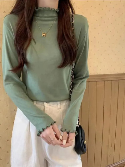 Skinny High Elastic Mock Neck Pullover Long Sleeve T-shirts For Women
