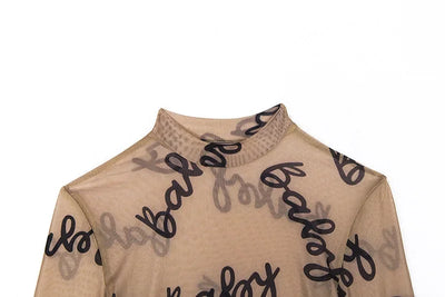 Summer Sexy Letter Print Transparent Mesh Bodysuits Long Sleeve See Through Baby Bodycon Rompers Women Jumpsuits