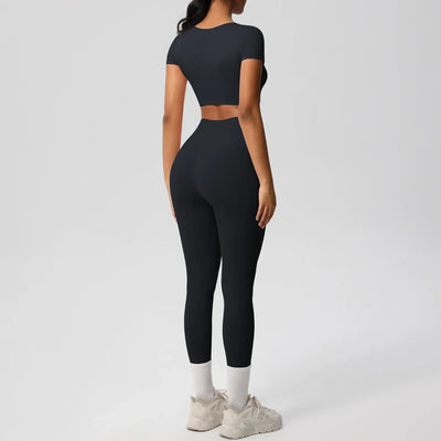 Yoga Set 2 Pieces Women Tracksuits Workout Sportswear Gym Clothing Fitness Short Sleeve With Padded High Waist Leggings Suits