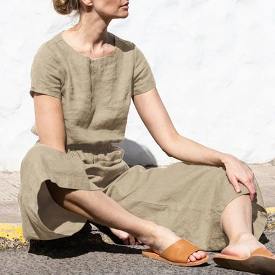 2025 Summer Short Sleeve Rompers Casual Loose Tighten Waist Solid Work Long Playsuit Elegant Women Jumpsuits Retro Overalls